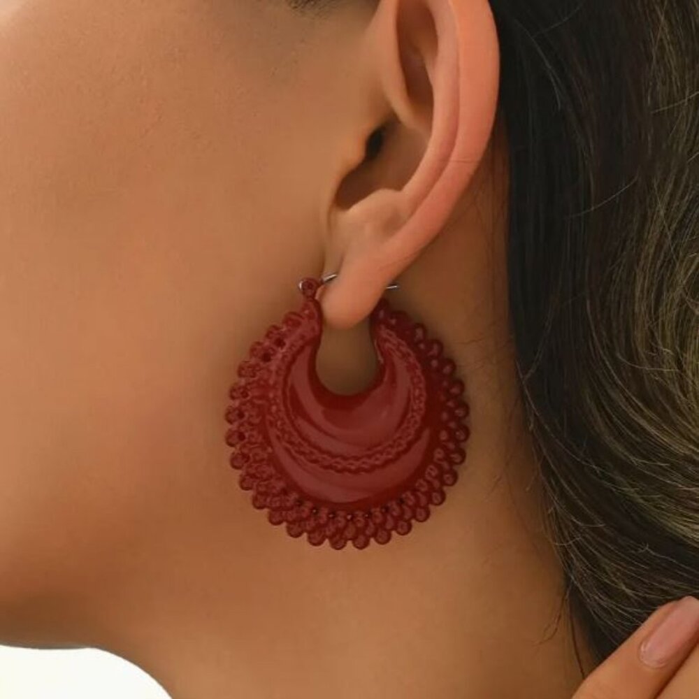 NEW Zendaiya Dark Red Lacquered Chunky Hoop Boho Earrings - Picture 1 of 4